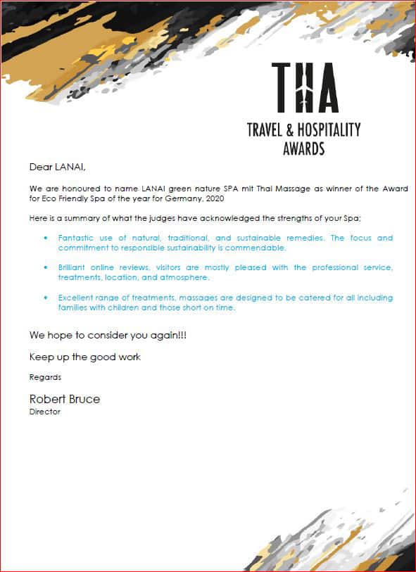 AWARD 2019 Urkunde von Travel Hospitality Awards für die Kategorie green SPA