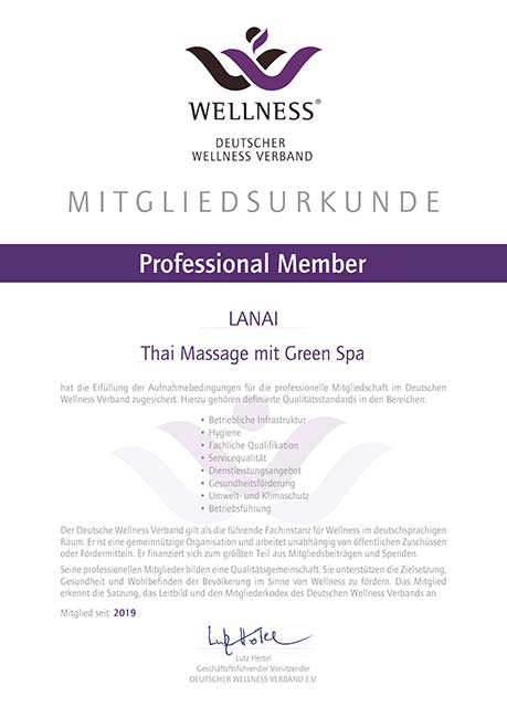 Urkunde Professional Member vom Deutschen Wellness Verband